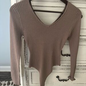 Love Tree Ribbed V-Neck Bodysuit - Brown